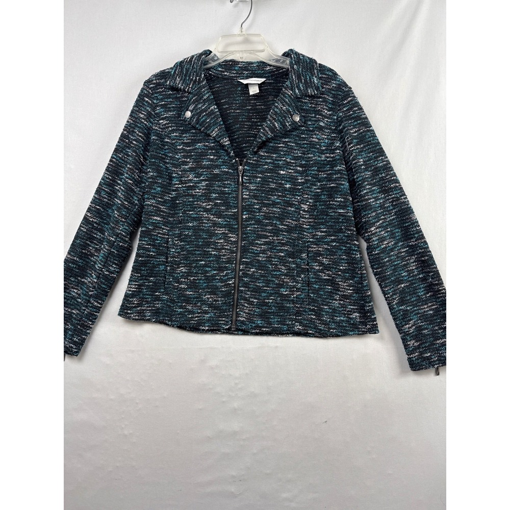 Christopher & Banks Moto Jacket Womens Large Teal Black Tweed Zip Knit Career
